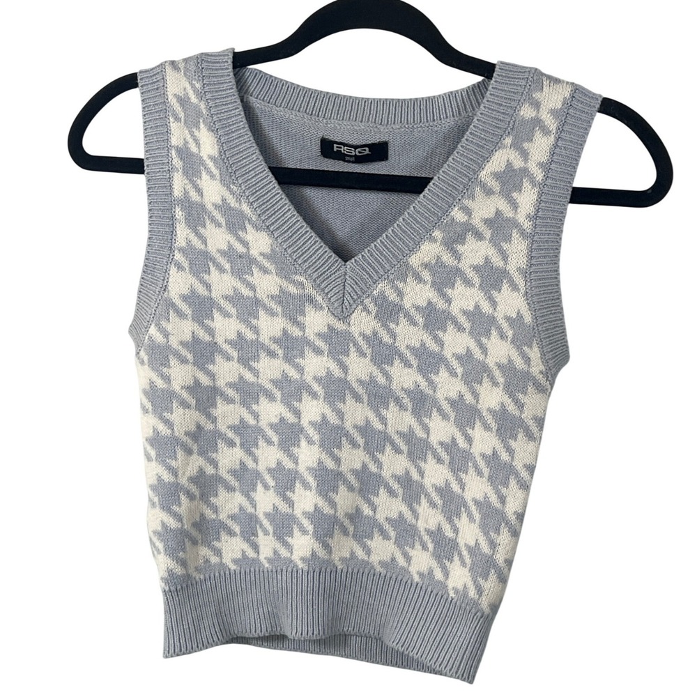 RSQ Pastel Blue White Houndstooth Sweater Vest Small Grandmacore‎ Rory Gilmore